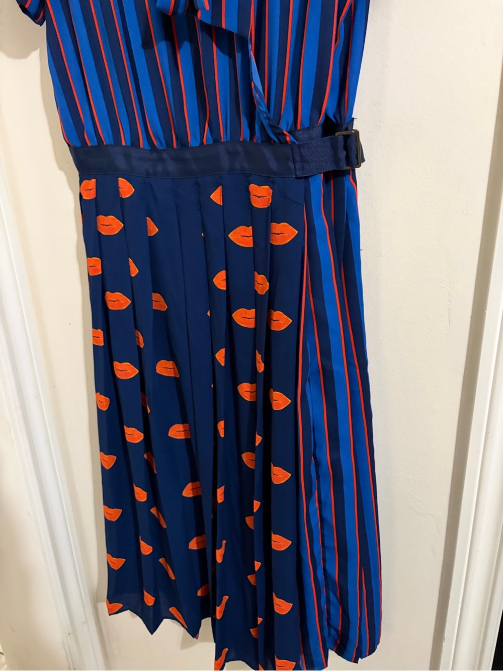 New York & Company Navy and Orange Striped & Pleated Midi Dress - Picture 9 of 15